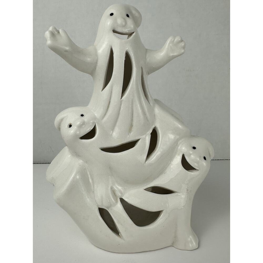 Vtg Ceramic GHOSTS Halloween Candle Holder Figurine Retro Holiday decoration